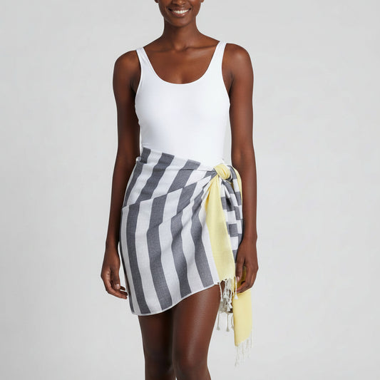 Ethically Handwoven Nautical Stripe with Yellow Band Scarf or beach sarong, sustainably handmade, fair trade