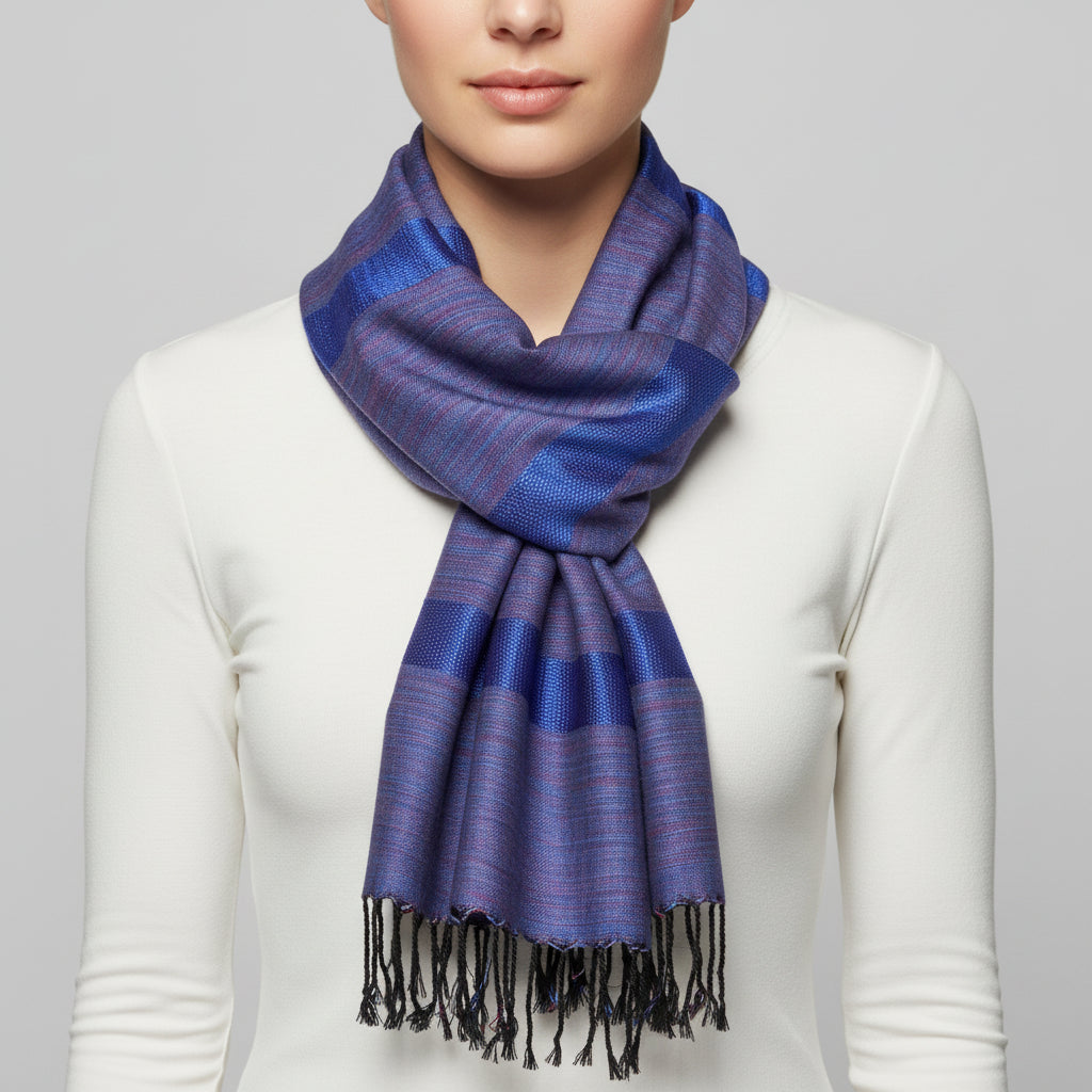 Fair Trade Helyat Handwoven Bamboo Viscose Scarf - Variegated Lapis Lazuli, Ethically Handmade, Sustainable Fashion, Traditional Craft