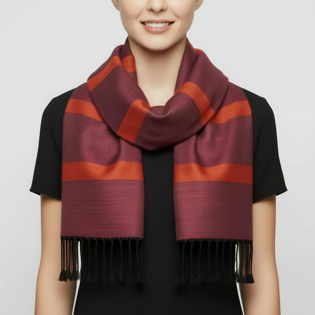 Fair Trade Helyat Handwoven Bamboo Viscose Scarf - Variegated Wine, Sustainable Fashion, Ethically Handmade, Striped