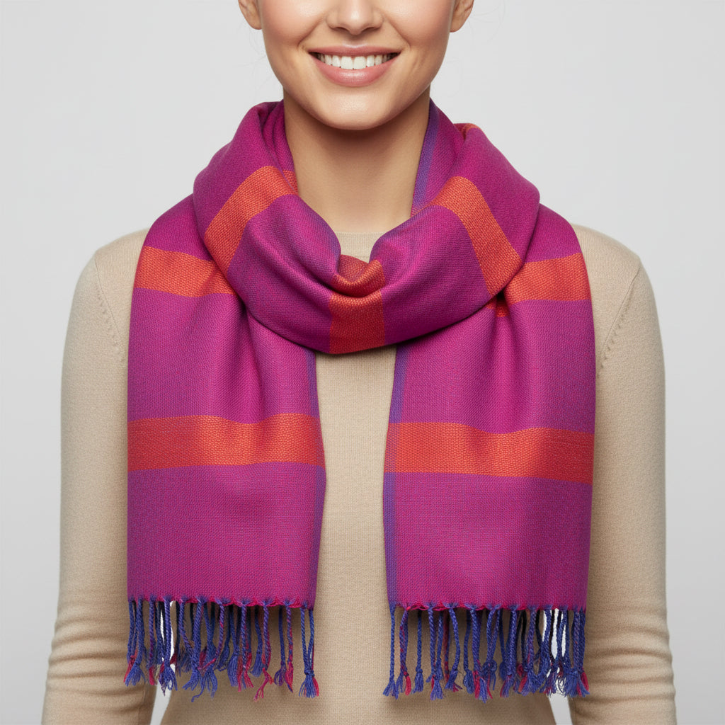 Fair Trade Striped Helyat Handwoven Scarf Fuchsia & Blue, Ethically Handmade, Sustainable Fashion
