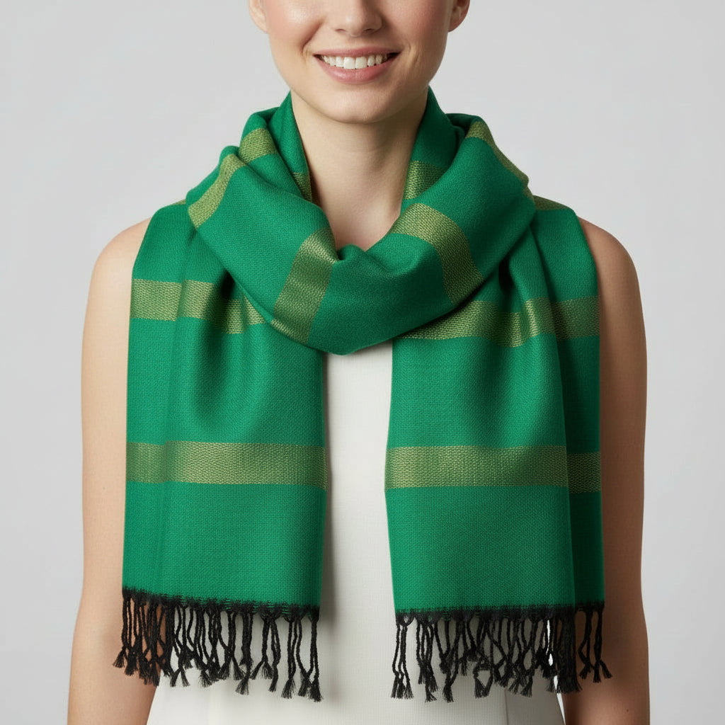 Fair Trade Striped Helyat Handwoven Scarf Green & Black, Ethically Handmade, Sustainable Fashion