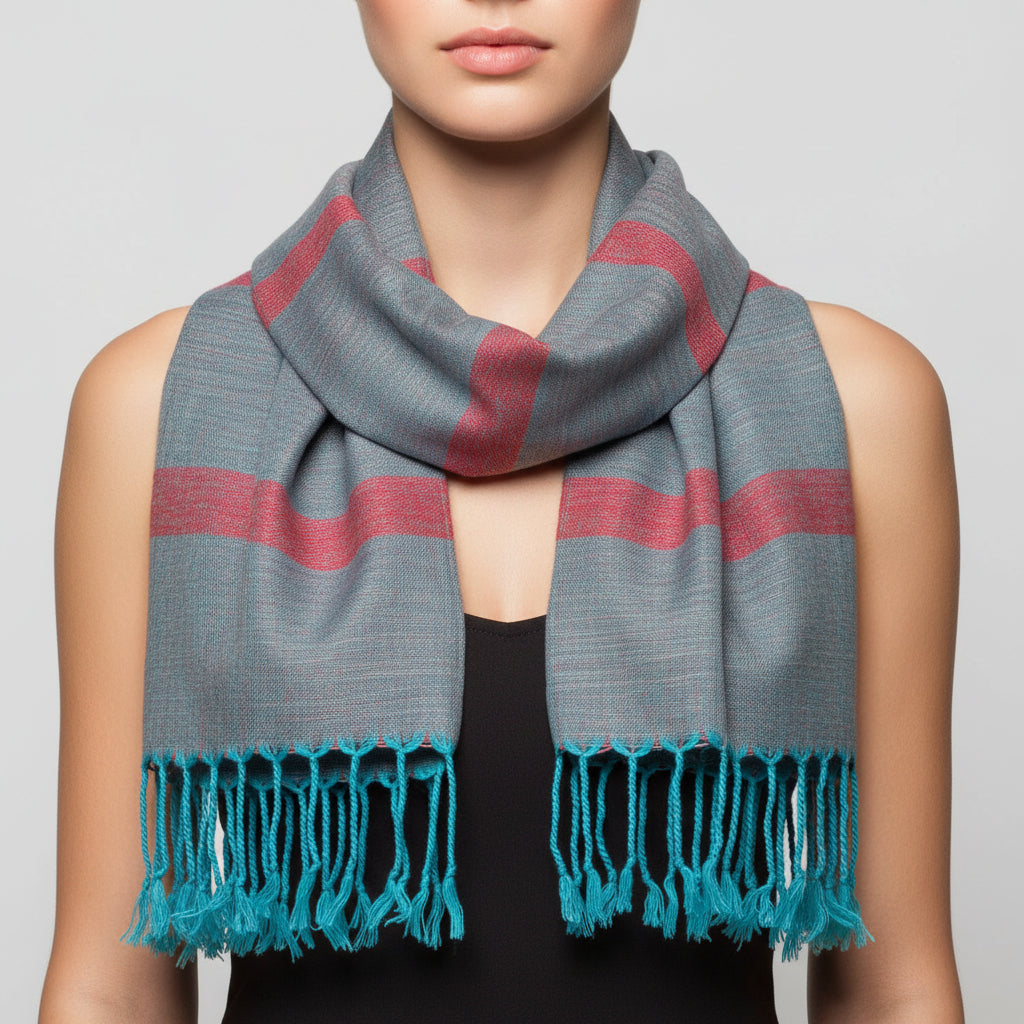 Fair Trade Helyat Handwoven Bamboo Viscose Scarf - Turquoise & Pink, sustainable fashion