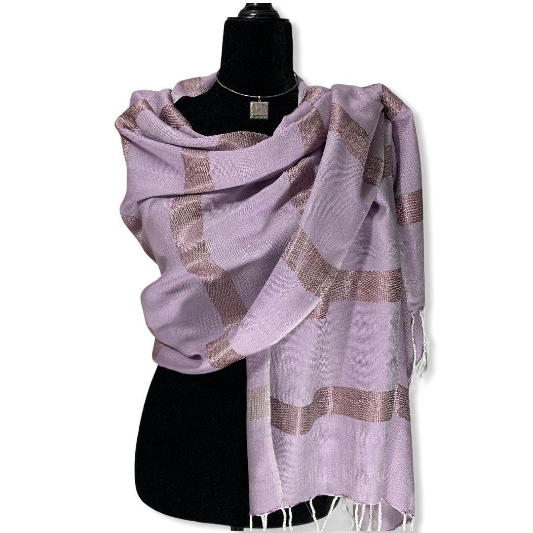 Fair Trade Helyat Handwoven Shawl in Lilac Purple with Shimmery Horizontally Striped Pattern