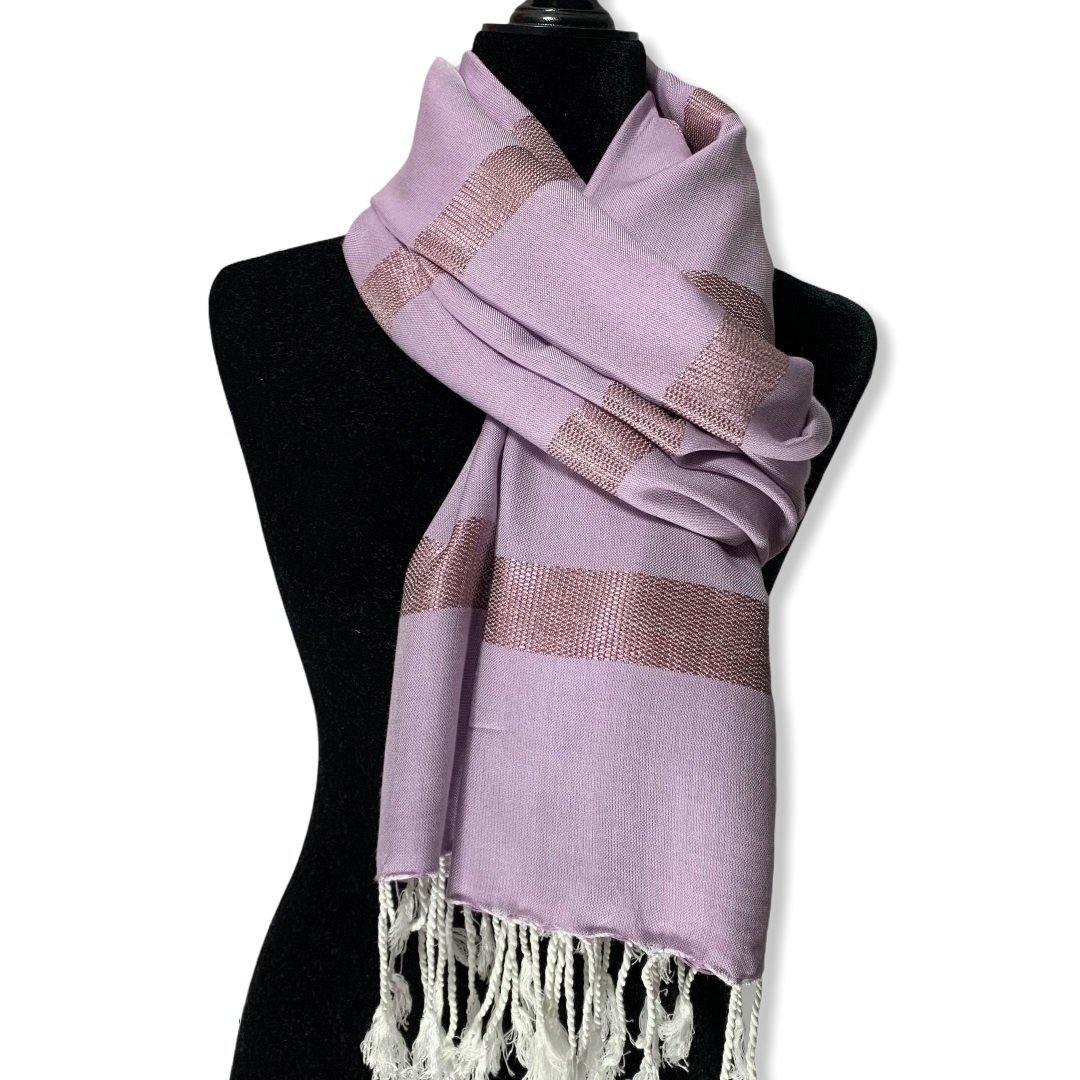 Fair trade lavender scarf with shimmery horizontal stripes pattern and white fringes