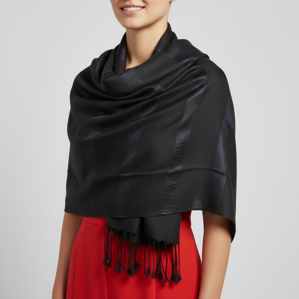 Fair Trade Striped Helyat Handwoven Scarf Black, Ethically Handmade, Sustainable Fashion