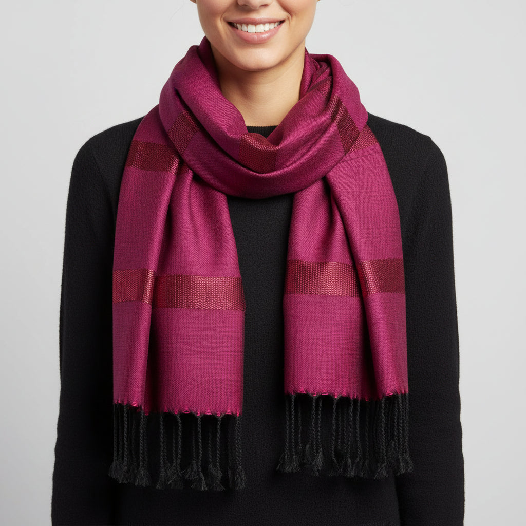 Fair Trade Striped Helyat Handwoven Scarf Fuchsia & Black, Ethically Handmade, Sustainable Fashion