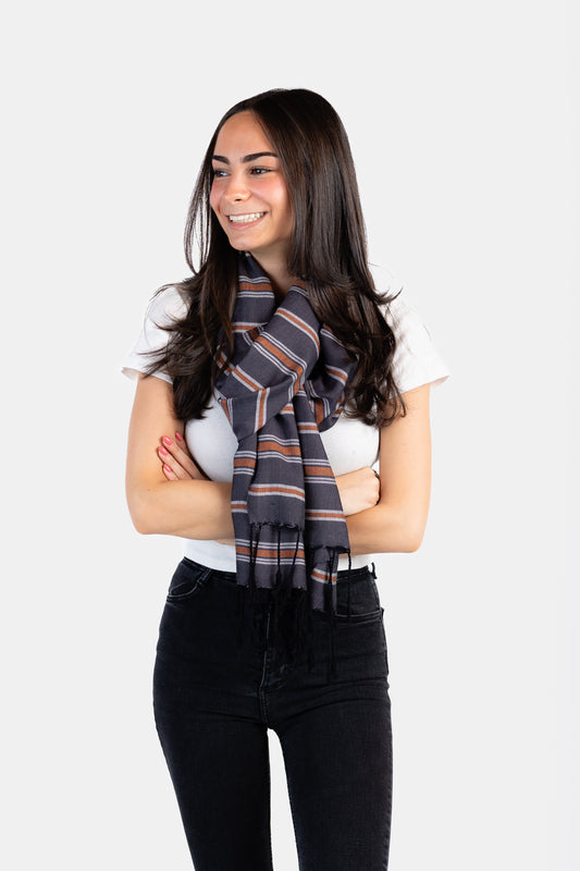 Horizontally Striped Handwoven Scarf - Gray & Copper
