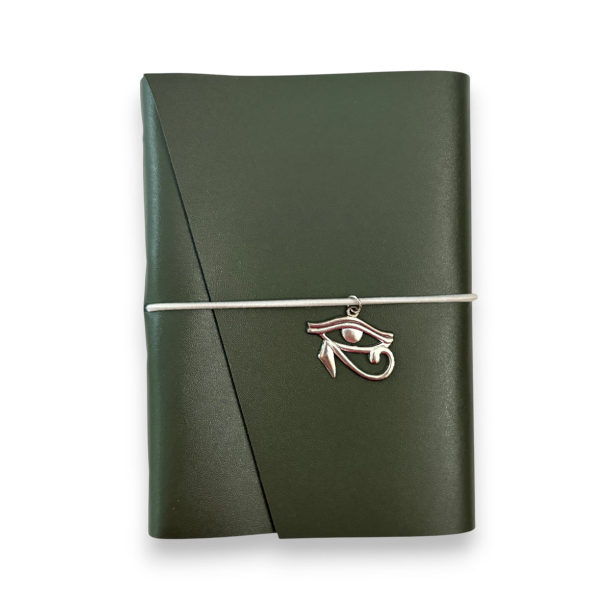 Dark green handbound leather journal with a wrap-around elastic strap and a gold metal Eye of Horus Charm