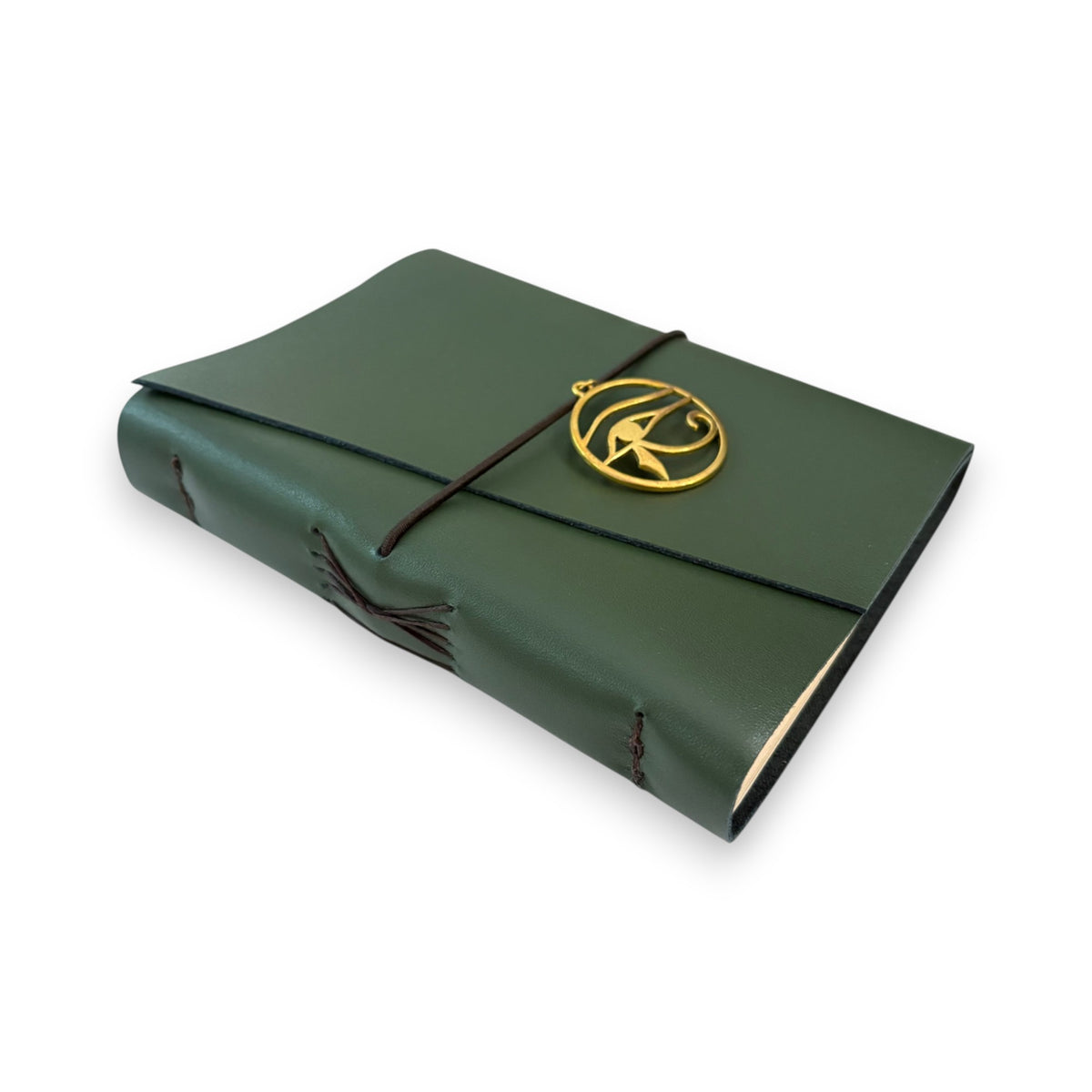 Dark green handbound leather journal with a wrap-around elastic strap and a gold metal Eye of Horus Charm