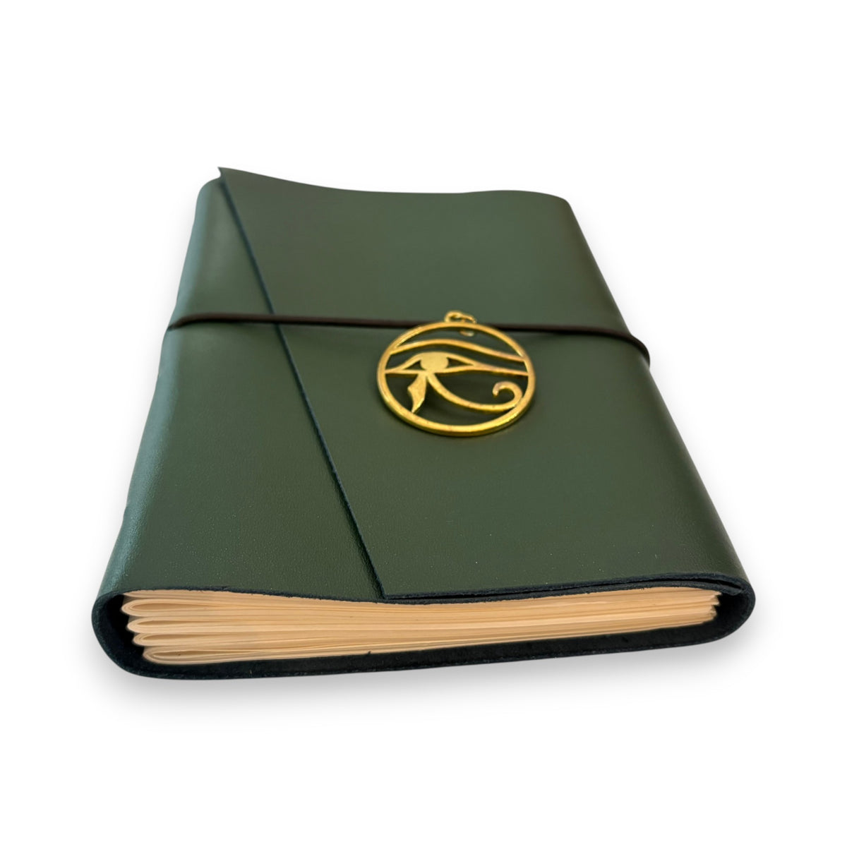 Dark green handbound leather journal with a wrap-around elastic strap and a gold metal Eye of Horus Charm