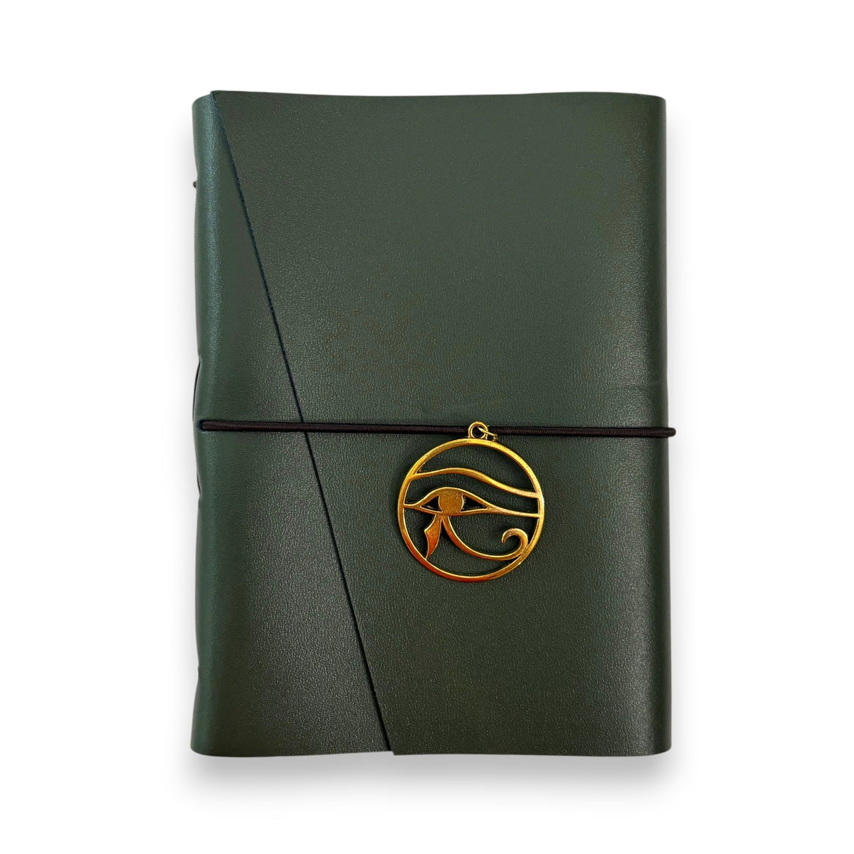 Dark green handbound leather journal with a wrap-around elastic strap and a gold metal Eye of Horus Charm