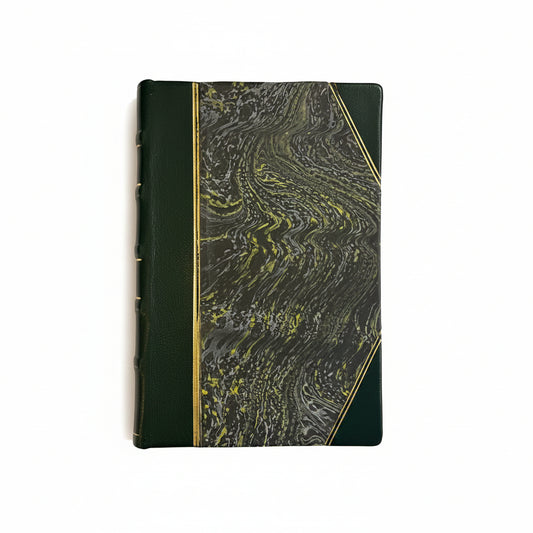 Hand-bound hardcover notebook with olive green leather binding and corners, featuring a marbled Ebru paper and thin gold decorative lines, Fair trade handcrafted