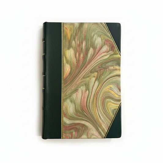Hand-bound hardcover notebook with olive green leather binding and corners, featuring a marbled Ebru paper and thin gold decorative lines, Fair trade handcrafted