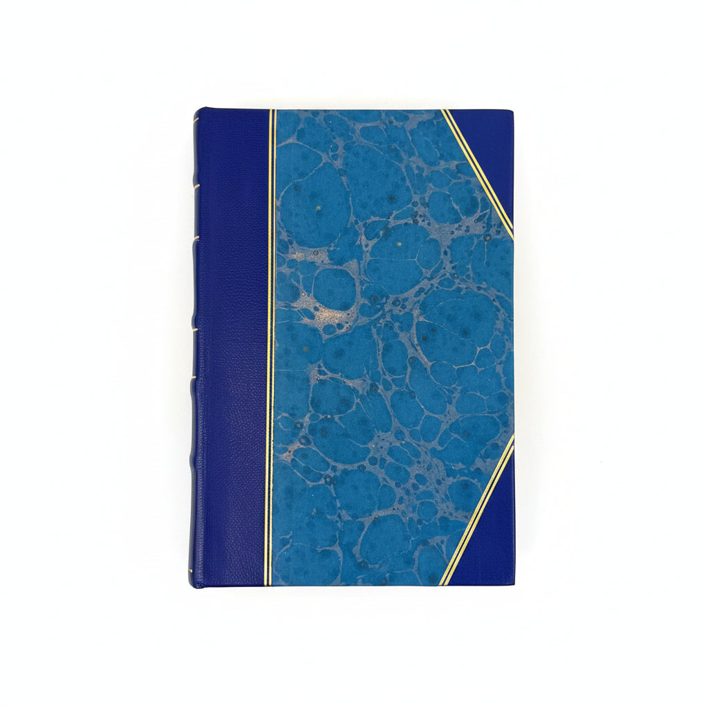 Handcrafted journal notebook with blue leather and marbled paper cover, fair trade