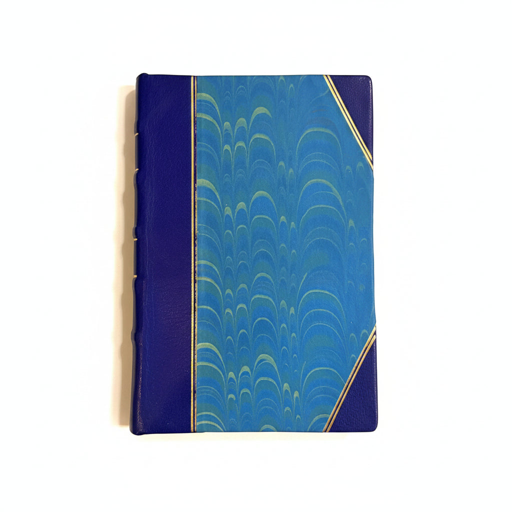 Handcrafted journal notebook with blue leather and marbled paper cover, fair trade