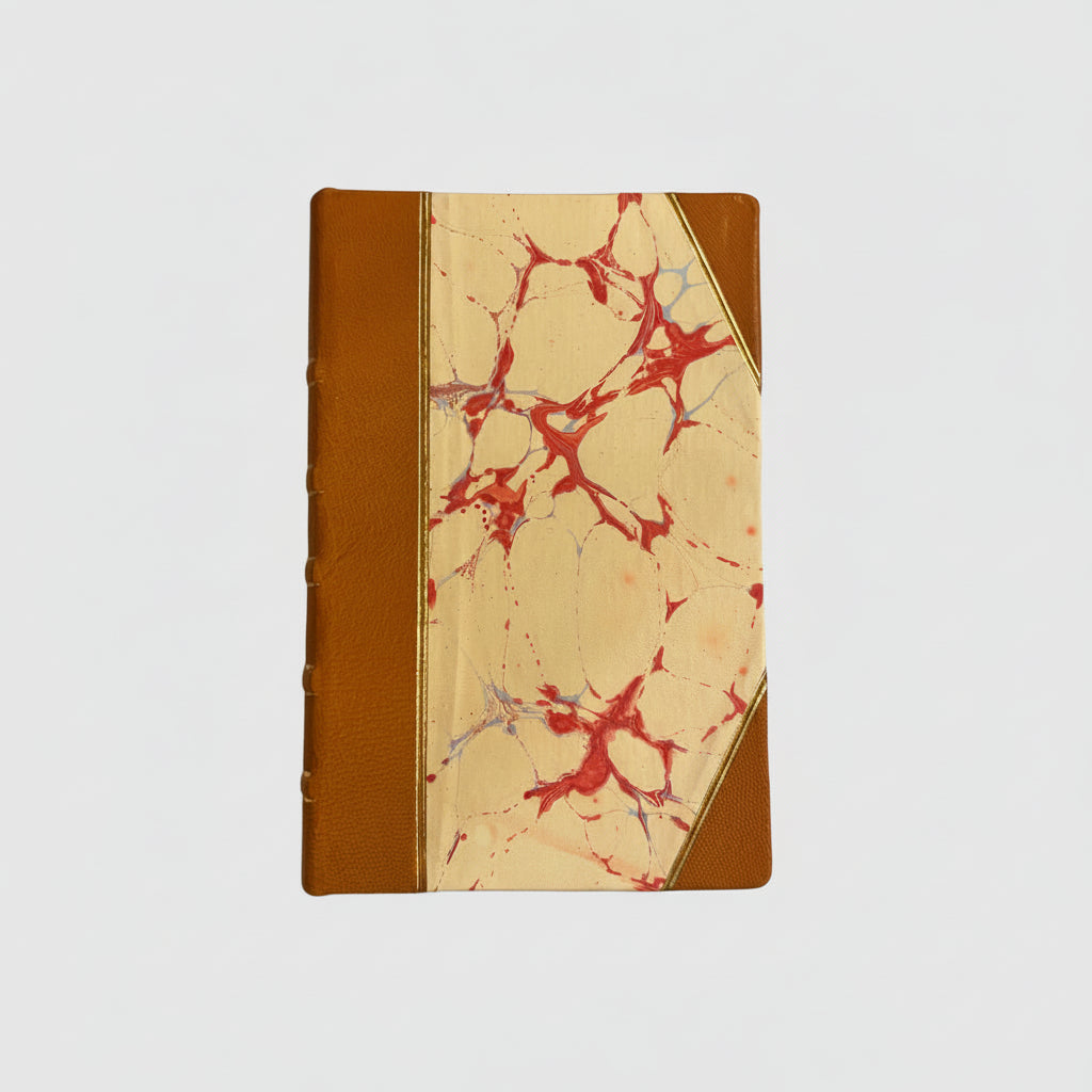 Handbound notebook journal with marbled cover and havane leather spine and corners, fair trade