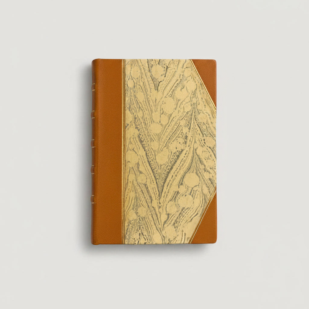 Handbound notebook journal with marbled cover and havane leather spine and corners, fair trade