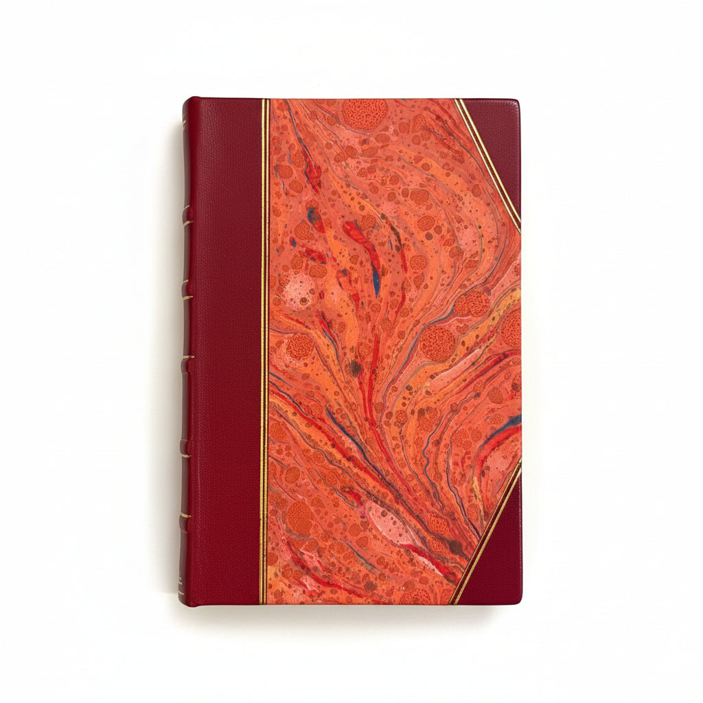 Handmade journal notebook with red leather binding and marbled paper cover, fair trade
