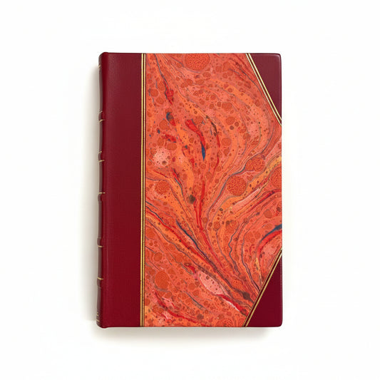 Handmade journal notebook with red leather binding and marbled paper cover, fair trade