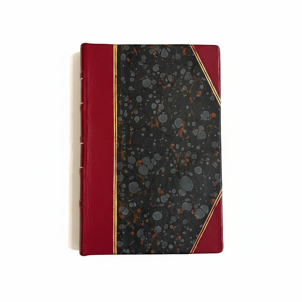 Handmade journal notebook with red leather binding and marbled paper cover, fair trade