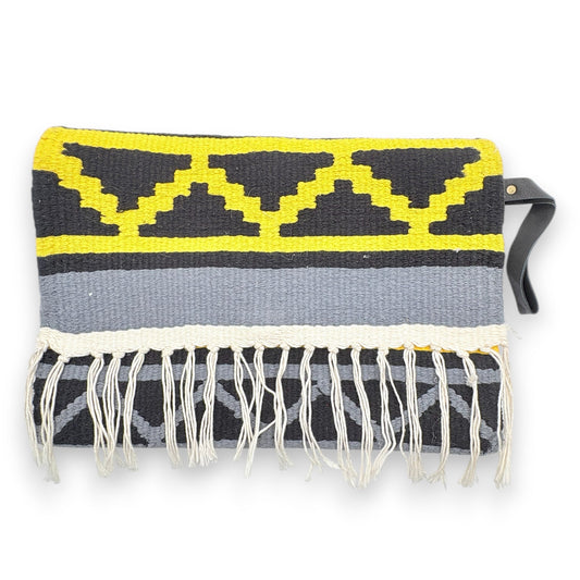 Fair Trade Handwoven kilim clutch bag with geometric pattern and fringes, Ethically Handmade, Sustainable Fashion