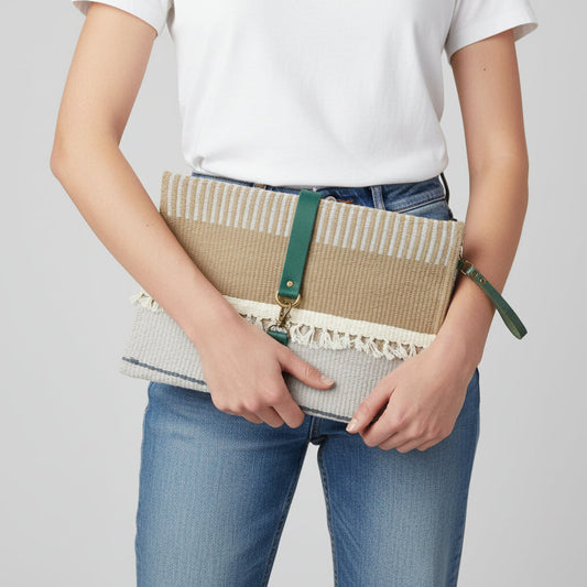 Fair Trade Handwoven kilim clutch bag with green straps, Sutainable Ethical Fashion