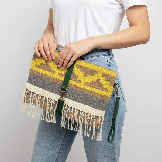 Fair Trade Handwoven clutch bag with geometric yellow, olive and gray pattern, Ethical Sustainable Fashion