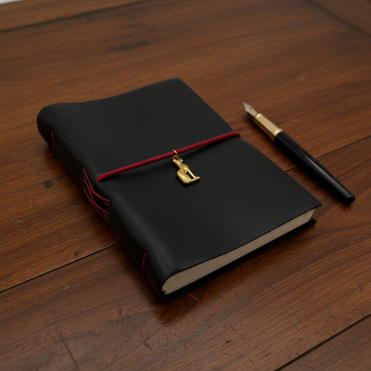 Handcrafted black leather journal with red string and gold Bastet cat charm, cruelty-free, fair trade, ethically handmade