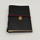 Handcrafted black leather journal with red string and gold Scarab charm, cruelty-free, fair trade, ethically handmade