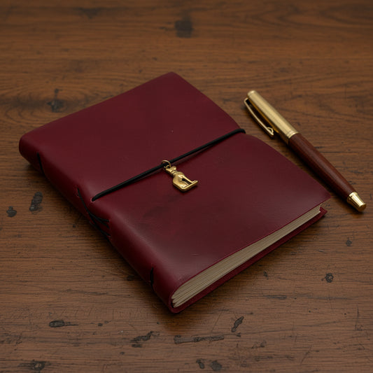 Dandarah handcrafted soft cover red leather notebook with decorative Bastet cat charm - Cruelty-Free, fair trade, ethically handmade