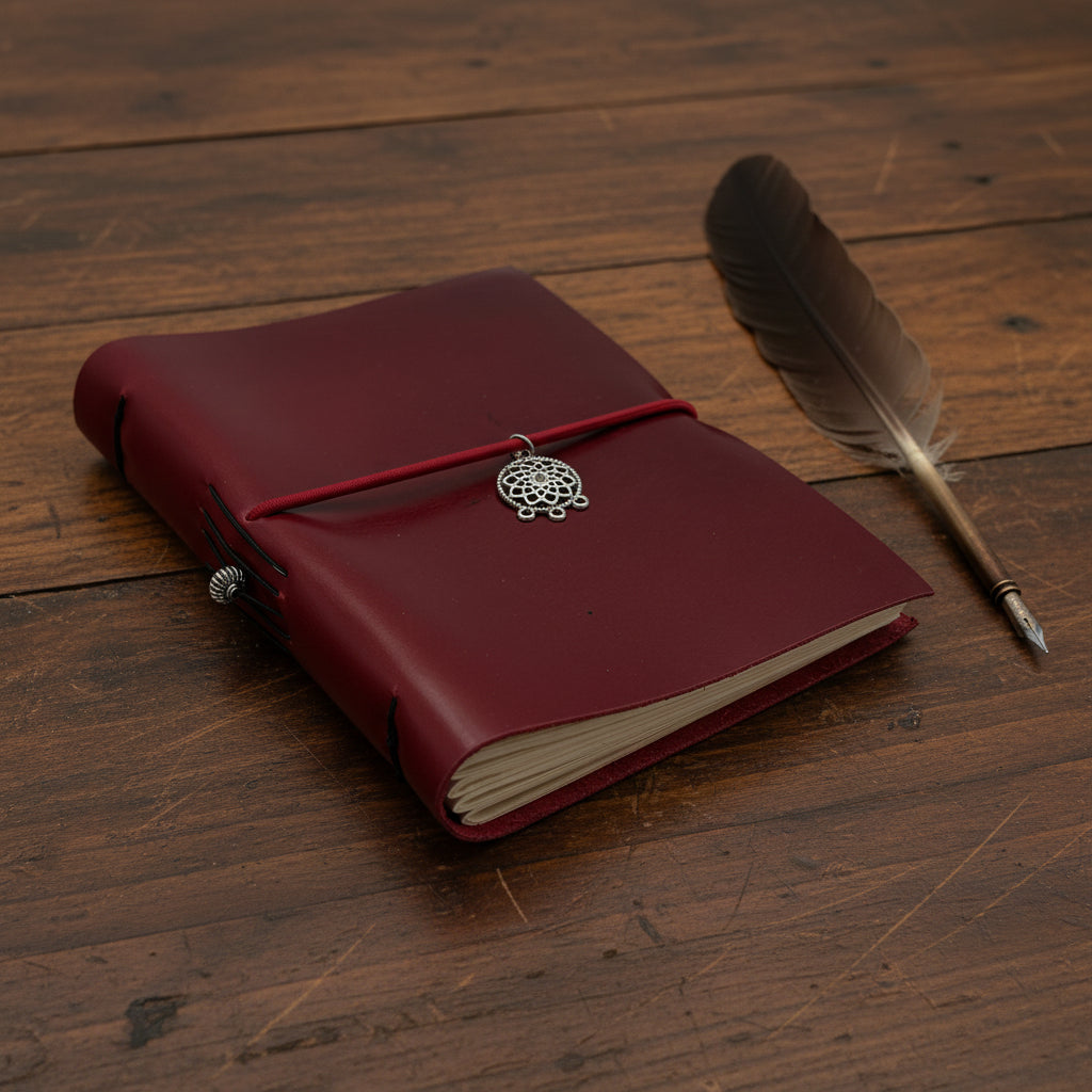 Dandarah handcrafted soft cover red leather notebook with decorative dream catcher charm, fair trade, ethically handmade