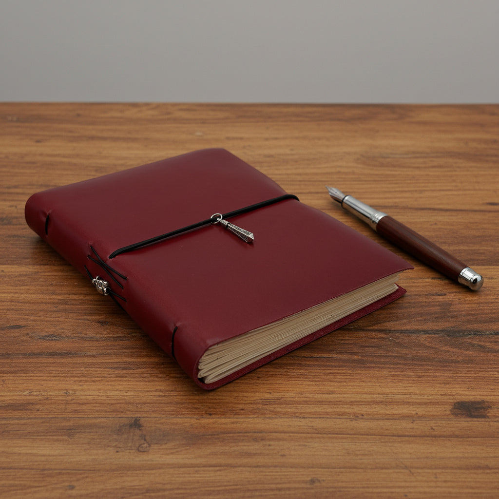 Dandarah handcrafted soft cover red leather notebook with decorative prisme charm, fair trade, ethically handmade