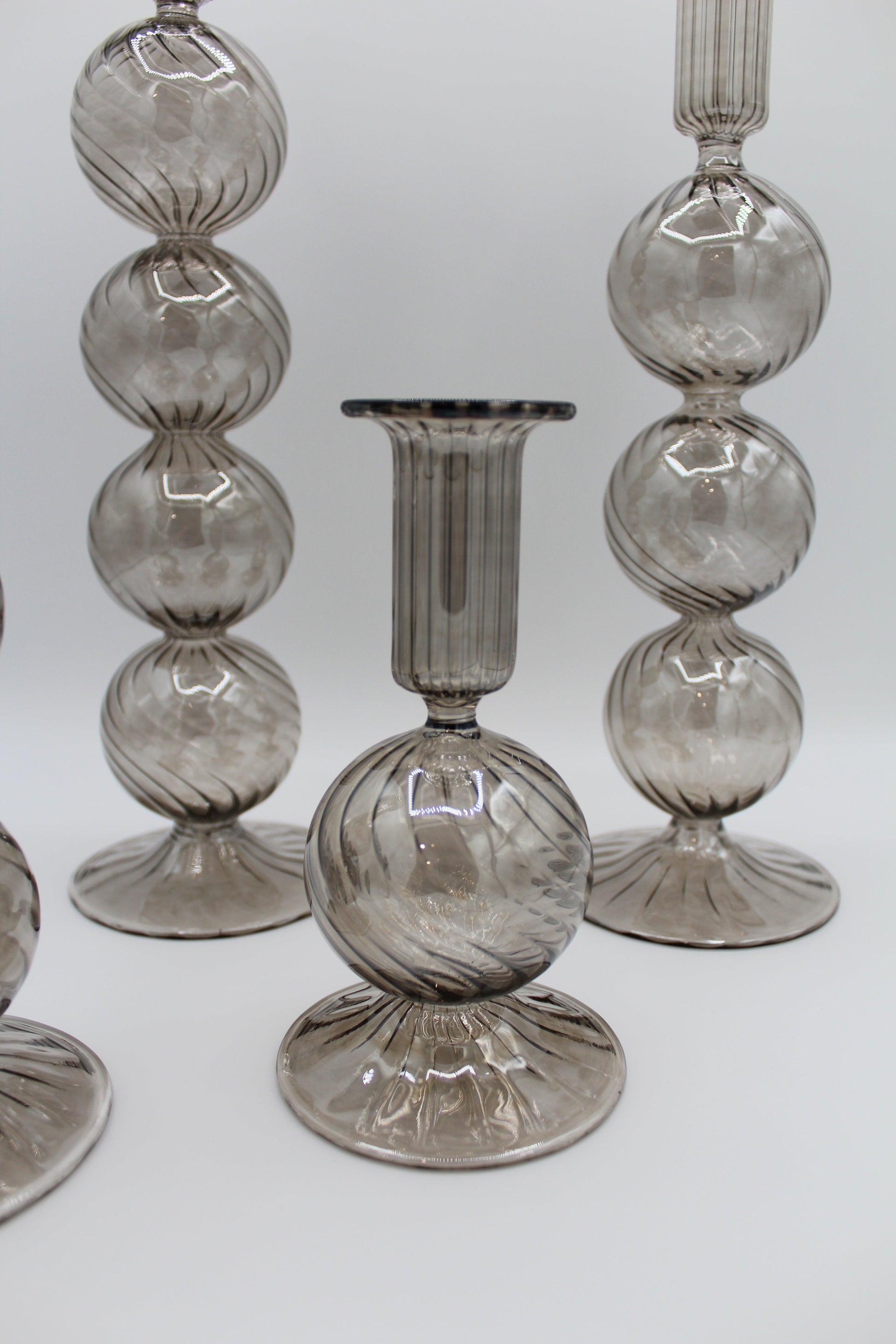 Long Stem Blown Glass Candle Holder With Baubles - Smoky
