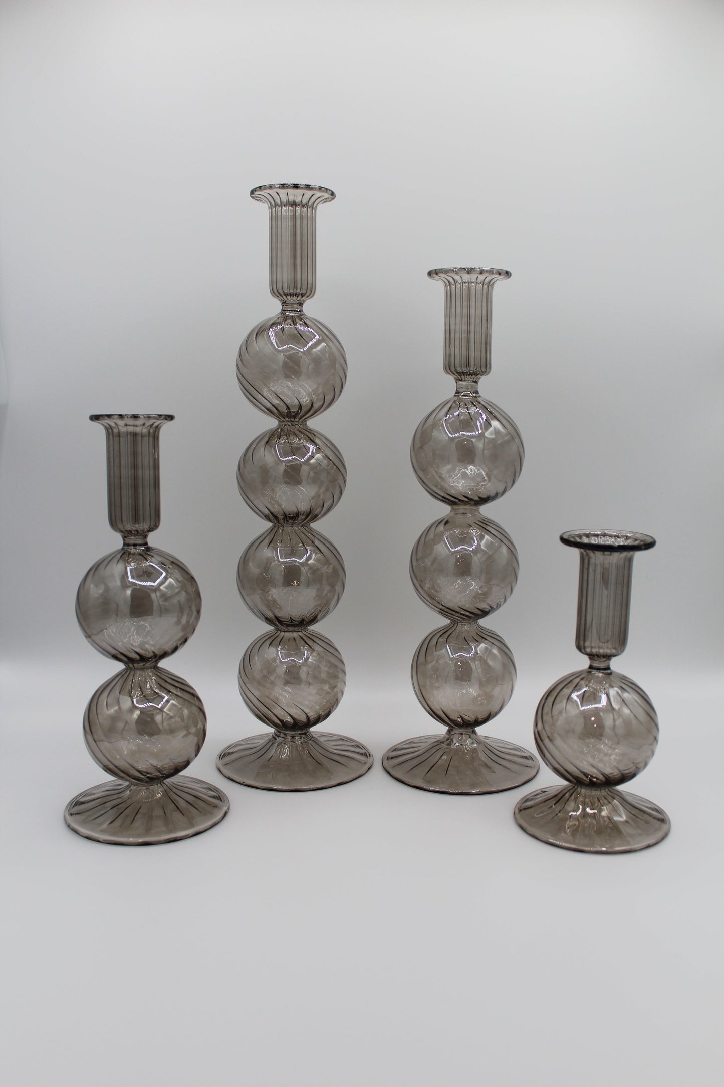Long Stem Blown Glass Candle Holder With Baubles - Smoky