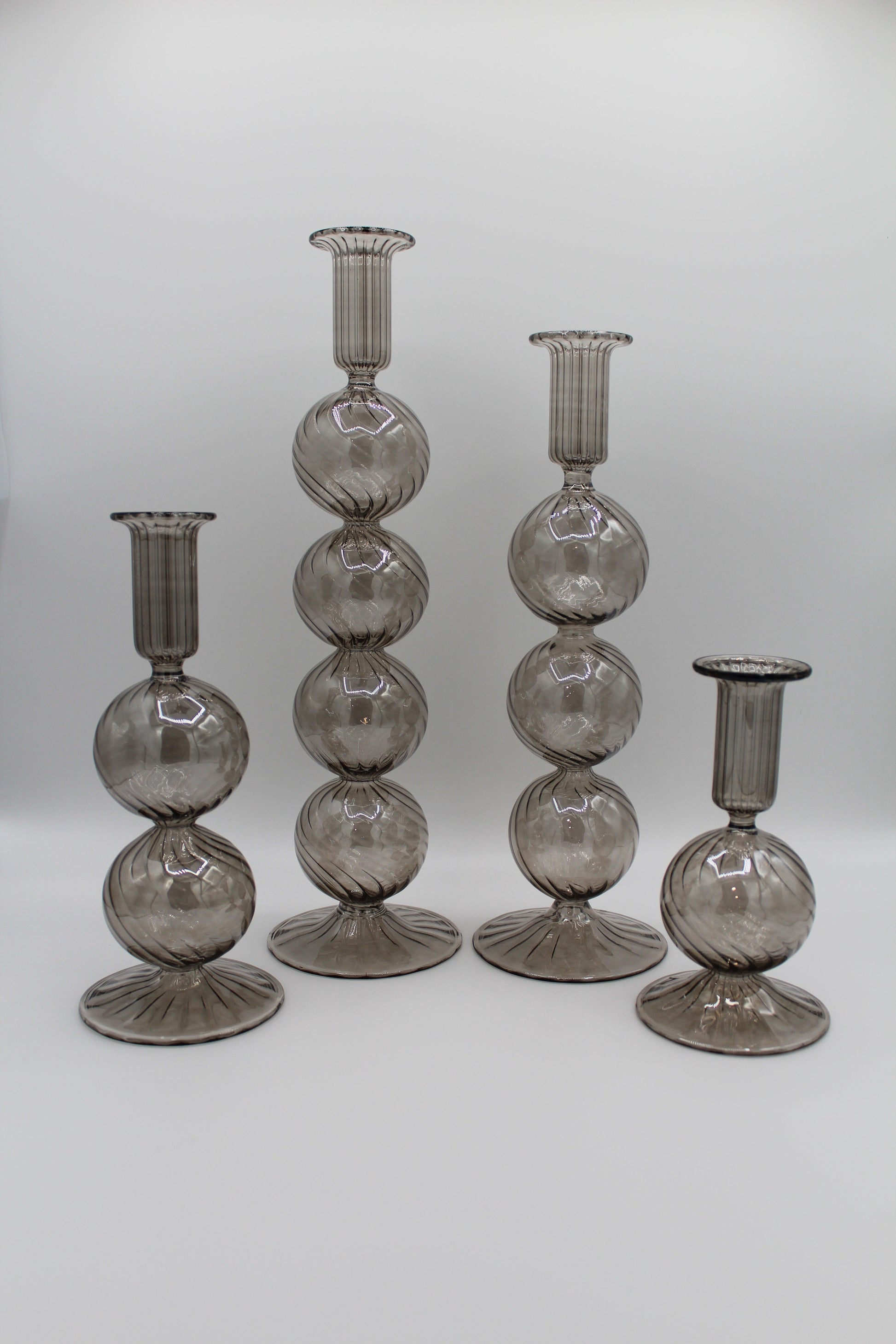 Long Stem Blown Glass Candle Holder With Baubles - Smoky