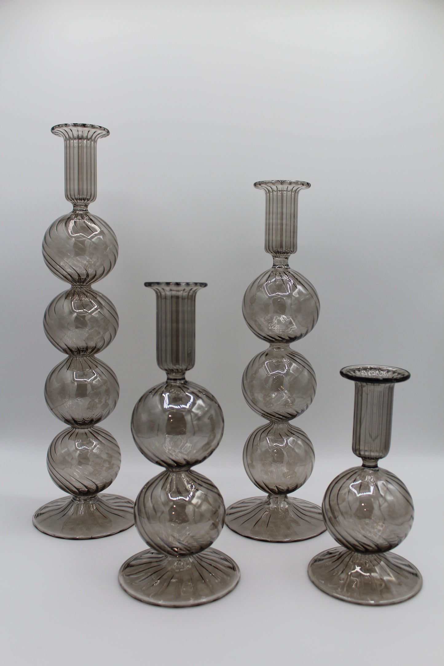 Long Stem Blown Glass Candle Holder With Baubles - Smoky
