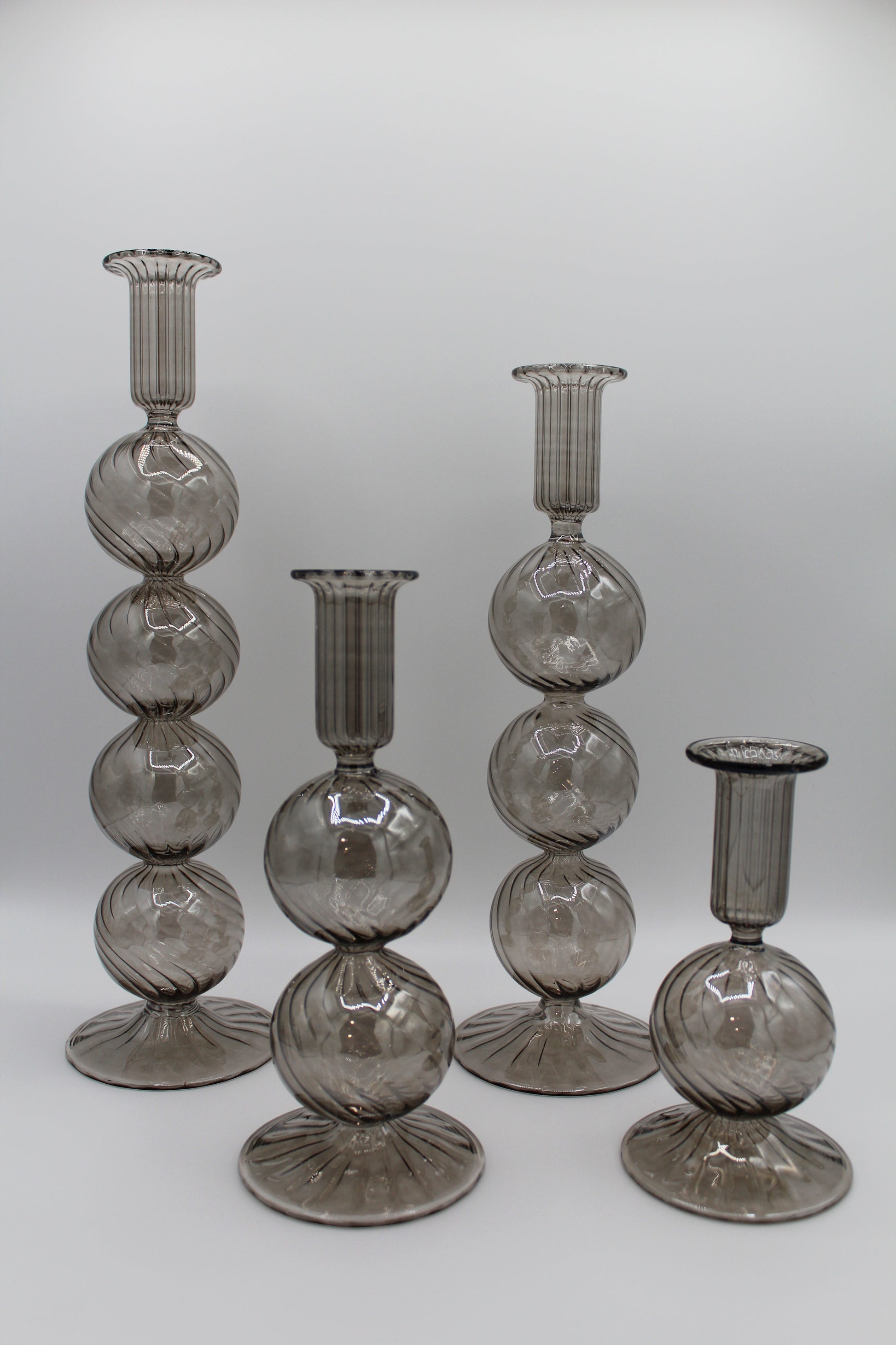 Long Stem Blown Glass Candle Holder With Baubles - Smoky