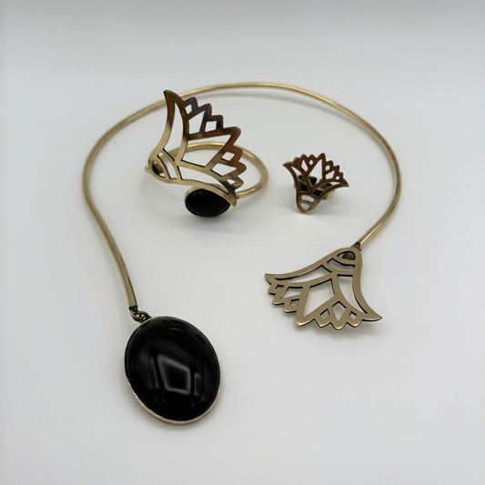 Handmade Brass Necklace, Bracelet & Ring Set - Lotus with Black Stone