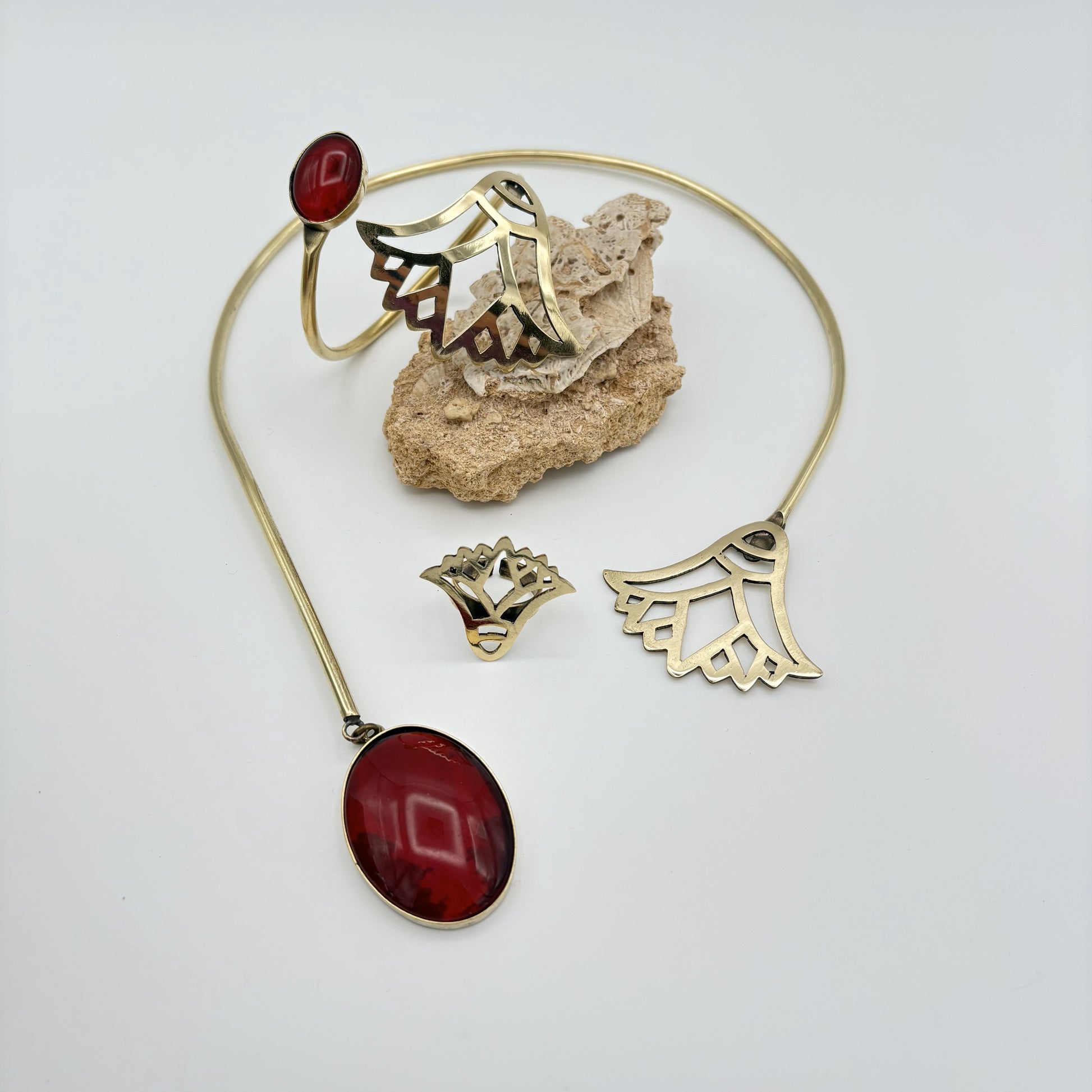 Handmade Brass Necklace, Bracelet & Ring Set - Lotus