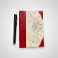 Handmade journal notebook with red leather binding and marbled paper cover, fair trade
