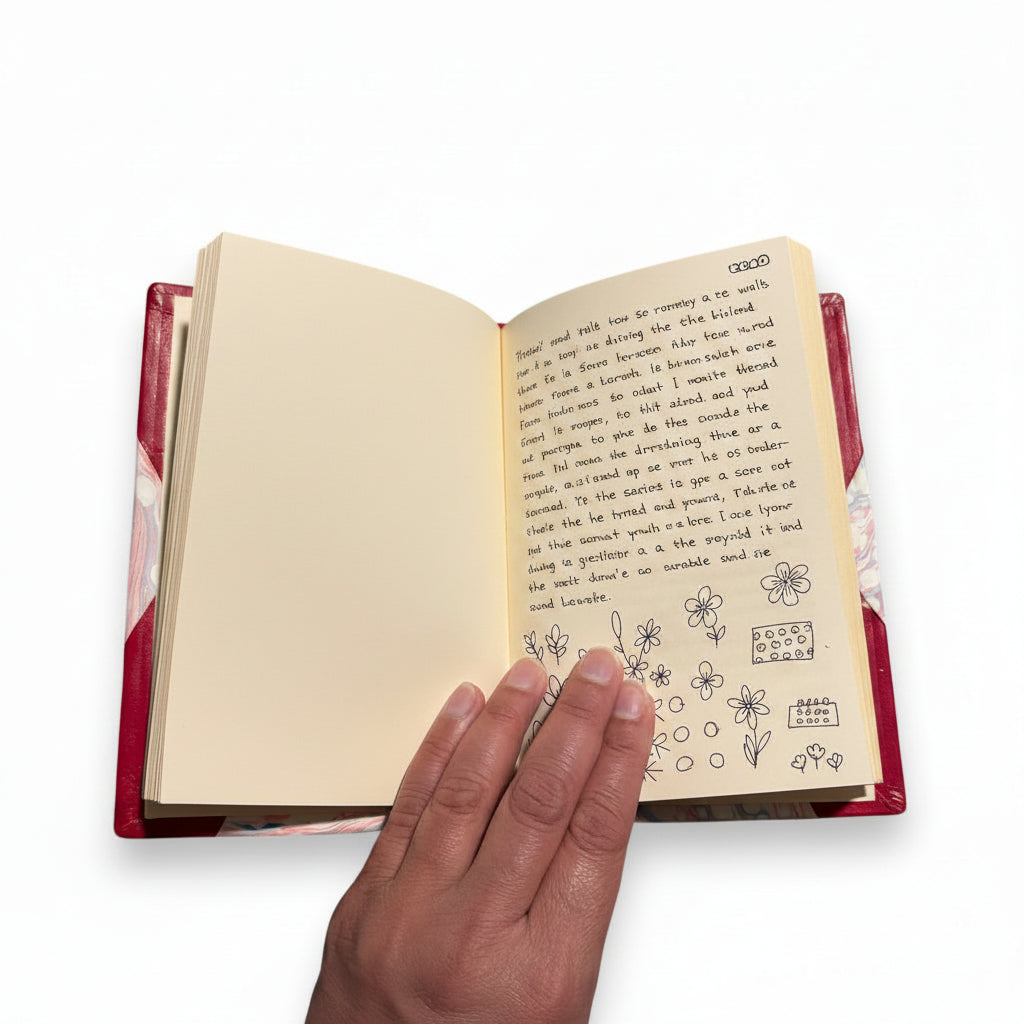 Handmade journal notebook with red leather binding and marbled paper cover, fair trade