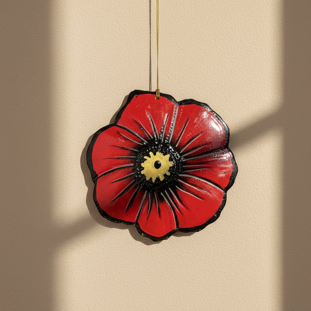 Upcycled Metal Ornament and Magnet - Red Poppy Flower