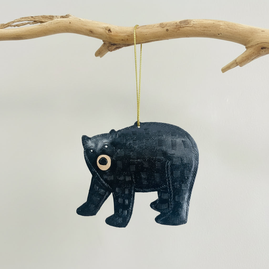 Handcrafted Upcycled Metal Black Bear Ornament, Handmade from Oil Barrels by Haitian Artisans