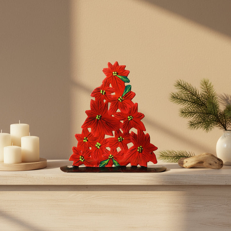 Metal Tabletop Poinsettia Tree Handcrafted of Recycled Oil Barrels by Artisans in Haiti