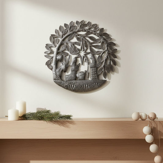 Hand-cut and hammered upcycled metal nativity wall art, Fair Trade, Ethically Handmade