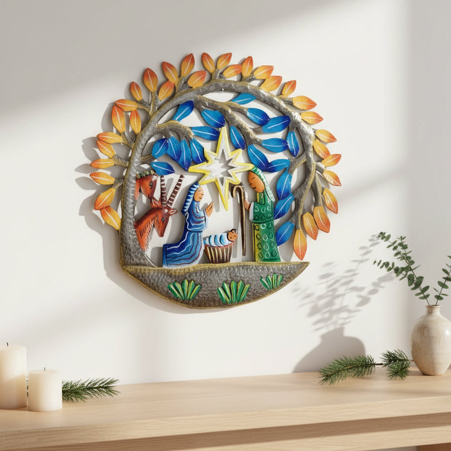 Hand-cut and hammered upcycled metal nativity wall art, Hand painted, Fair Trade, Ethically Handmade