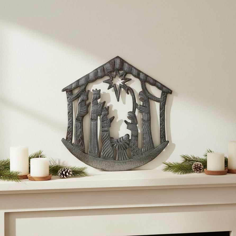 Hand-cut and hammered upcycled metal nativity wall art, Fair Trade, Ethically Handmade