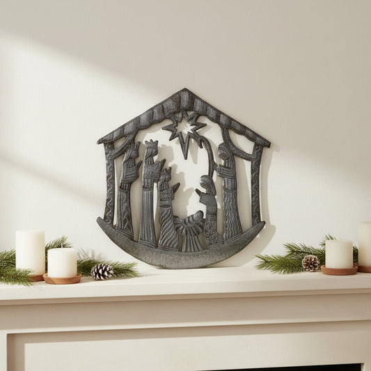 Hand-cut and hammered upcycled metal nativity wall art, Fair Trade, Ethically Handmade