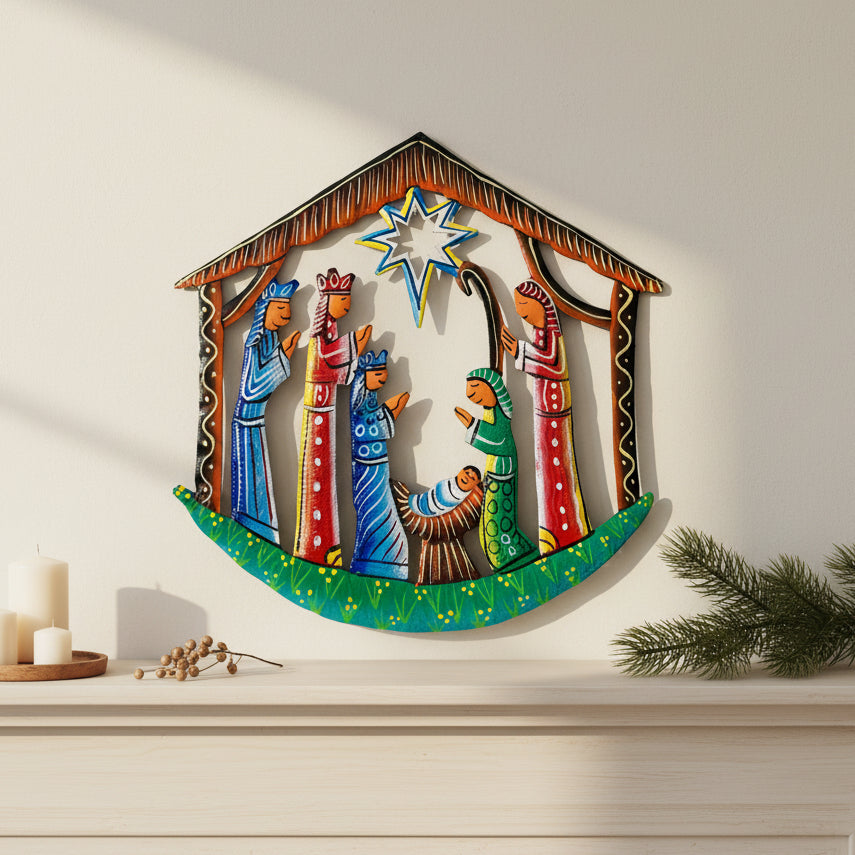 Hand-cut and hammered upcycled metal nativity wall art, Hand painted, Fair Trade, Ethically Handmade