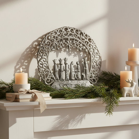 Upcycled Metal Wall Décor Nativity with Three Magi - Color of Metal, Fair Trade, Ethically Handmade